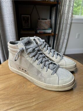 P448 Women’s Mid-Top Sneakers in Light Gray and Off-White with metallic shimmer
